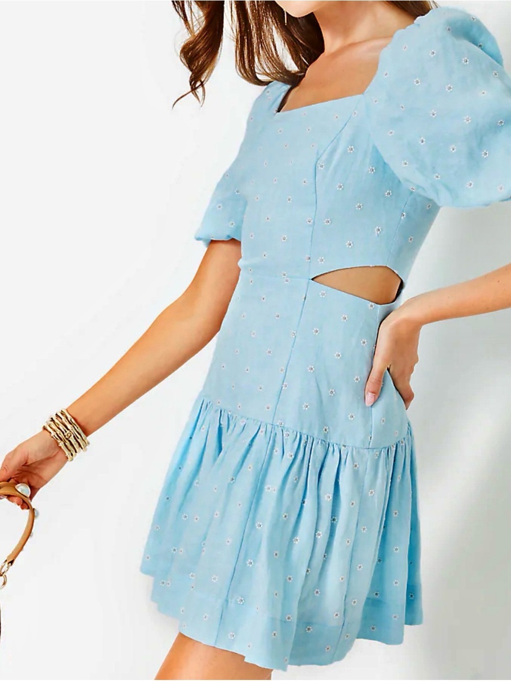 NWT Lilly Pulitzer Kylanne Blue Linen Cutout Mini Dress Drive Me Daisy Floral - Picture 2 of 9